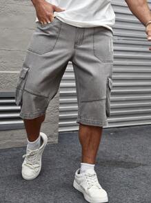 Manfinity LEGND Nam Mèo Whisker Thiết kế Cargo Quần short Denim - Màu Xám nhạt - Xem 4