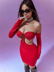 SHEIN Unity Off The Shoulder Dress With Hollow Waist And Diamond Chain Decoration - Burgundy - View 4