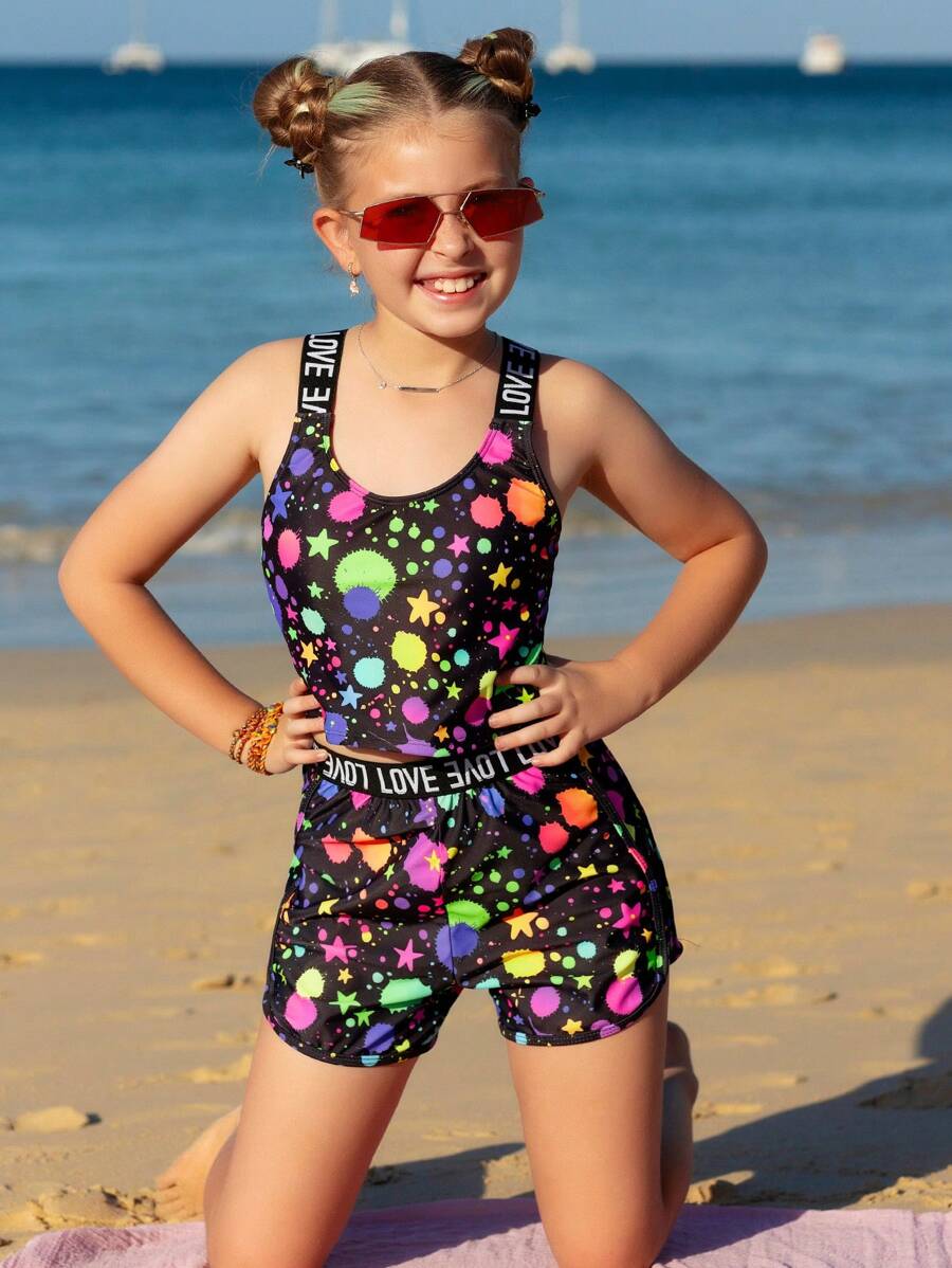 Tween Girl Star Printed Letter Detail Braided Strap Bikini Set - Multicolor - View 1