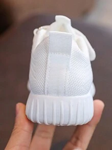Kids' Plain Hook And Loop Knitted Sports Sneakers, Simple & Practical Multifunctional