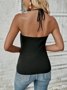 SHEIN VCAY 女士純色繫頸系帶背心 - 黑色 - 查看 2