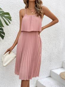 Chiquease Của phụ nữ Màu thuần Xếp li Váy dây - Bụi hồng - Xem 6