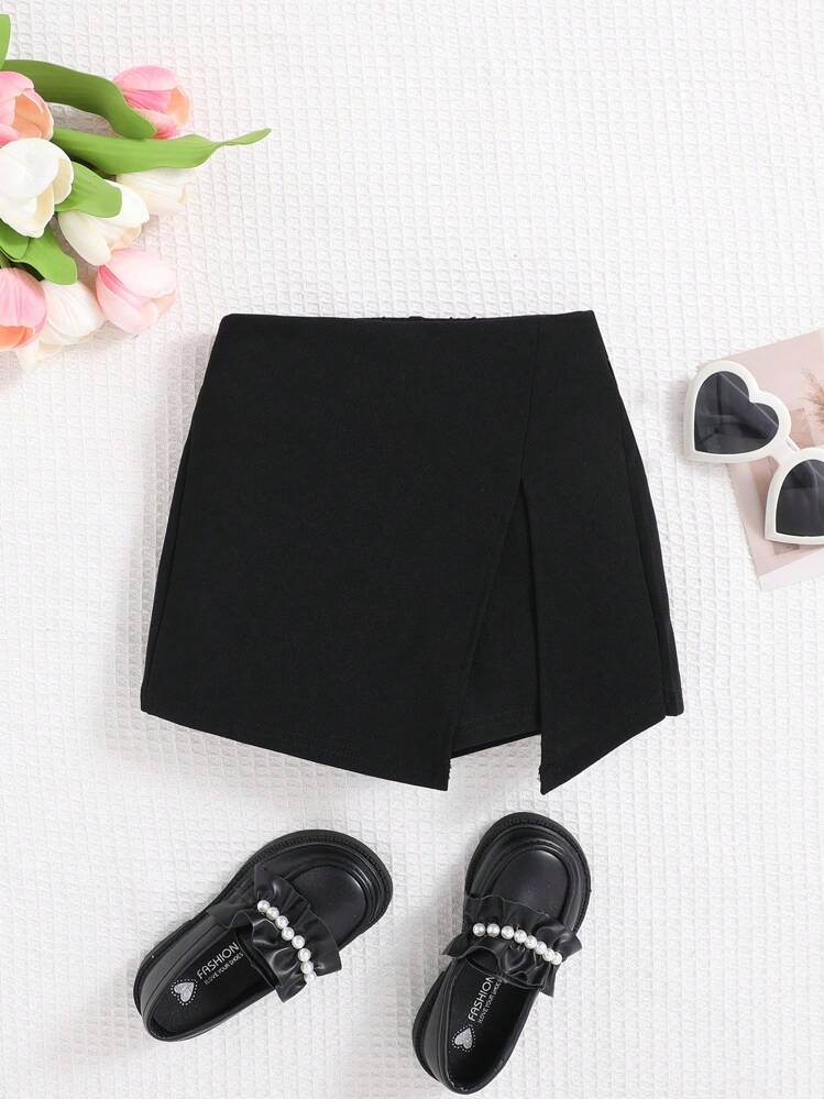 Young Girls' Knitted Solid Color Short Skort For Everyday Wear, Street Style, Spring/Summer - Black - View 1