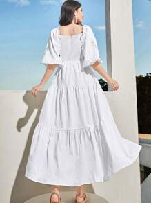 Seusyu Women's Lace Patchwork Puff Sleeve Dress - White - View 7
