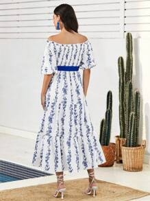 Mulvari Women's Floral Off Shoulder Mini Dress - Blue and White - View 7