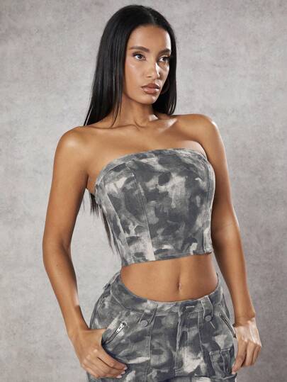SHEIN BAE Tie-Dyed Strapless Denim Top&Spring Outfits&Corset Top