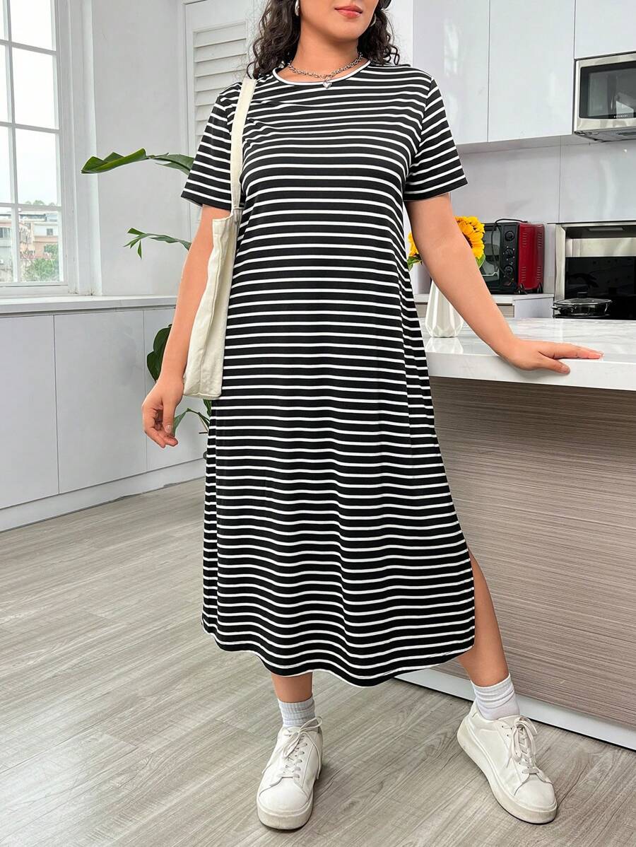 SHEIN EZwear Của phụ nữ Kích thước lớn Dệt kim Sọc Chiều dài trung bình Cái nĩa cao Ngắn tay Váy áo thun - Nhiều màu - Xem 1