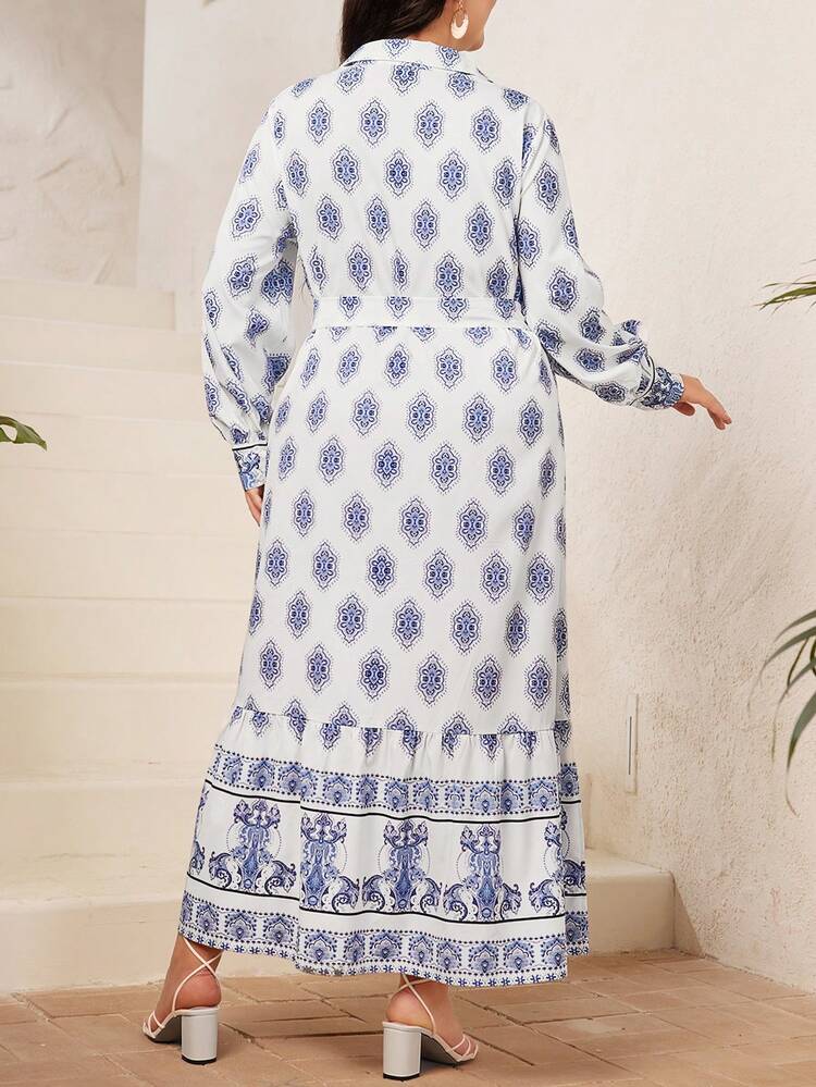 Plus Size Vintage Printed Front Buttoned Dress