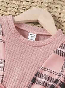SHEIN Elladie kids 年輕女孩格子荷葉邊袖蝴蝶結前 2 合 1 連身裙 - 粉色 - 查看 5