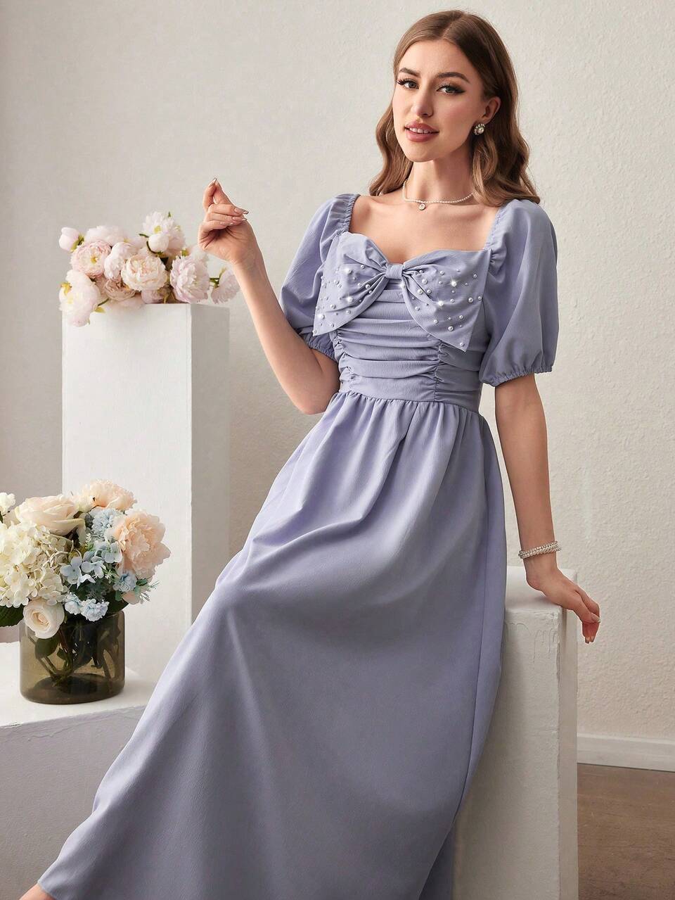 Women's Short Sleeve Dress With Beaded Decor & Bowknot Front Maxi Women Outfit