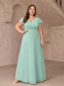 SHEIN Belle 優雅無背葉片袖伴娘禮服,流蘇吊帶,a字裙和閃亮細節,大碼 - 薄荷綠 - 查看 6