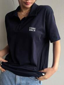 DAZY 翻领半襟宽松短袖女式字母印花T恤，秋季服装学院风上衣