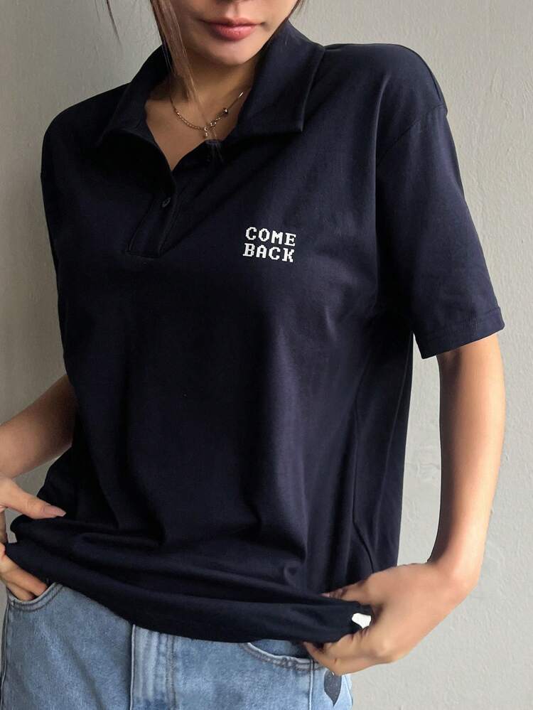 Lapel Half Placket Loose Short Sleeve Women's T-Shirt With Letter Print,Fall Clothes Preppy Tops