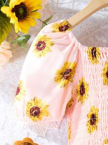 SHEIN 青少女向向日葵印花褶皺泡袖短裙 - 粉色 - 查看 6