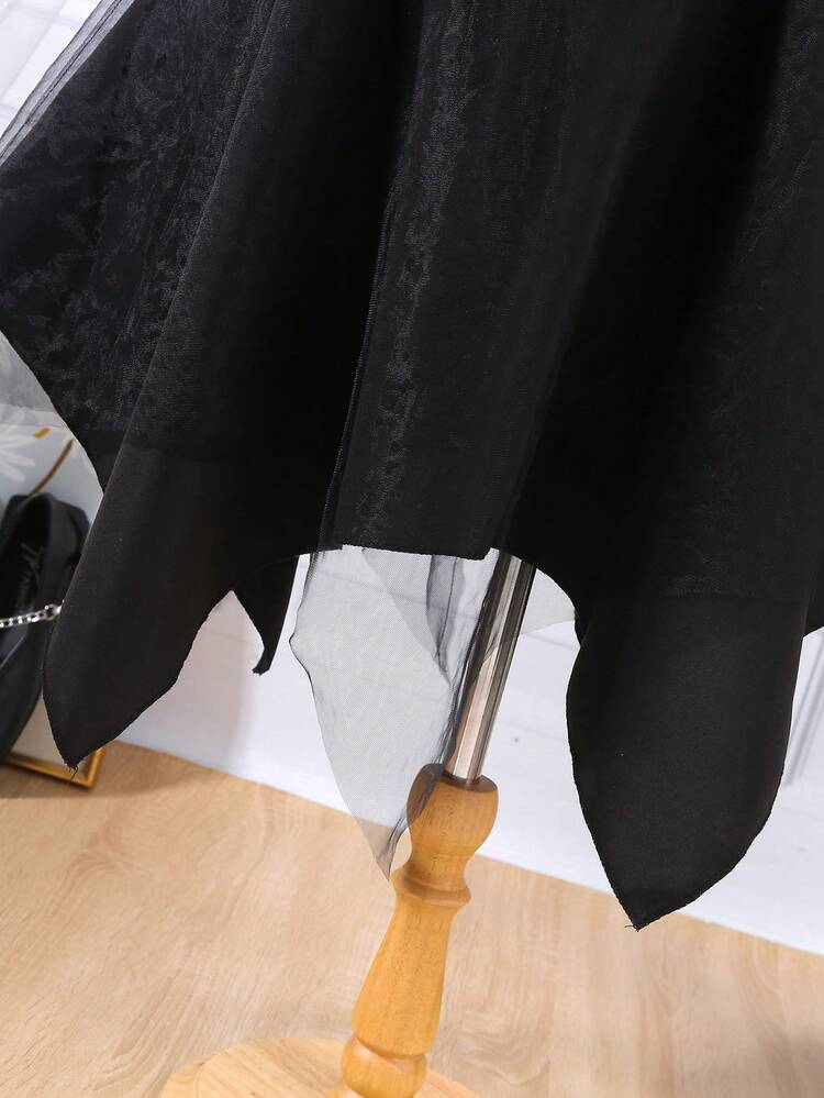 Teen Girls' French Style Puff Sleeves Dress With Front Bow Decoration And Asymmetrical Hem For Summer