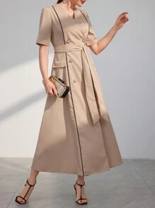 Modelyn Women's Color Block Dress With Ruffled Edge And Double Breasted Waist Belt