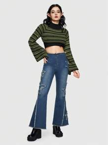 ROMWE Fairycore Striped Pattern Turtleneck Bell Sleeve Sweater - Army Green - View 1