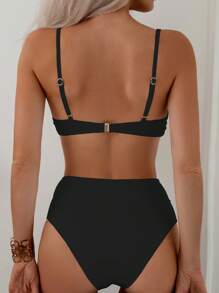 SHEIN Swim 夏季海滩 V 领比基尼套装，细肩带和高腰 - 黑色 - 查看 2