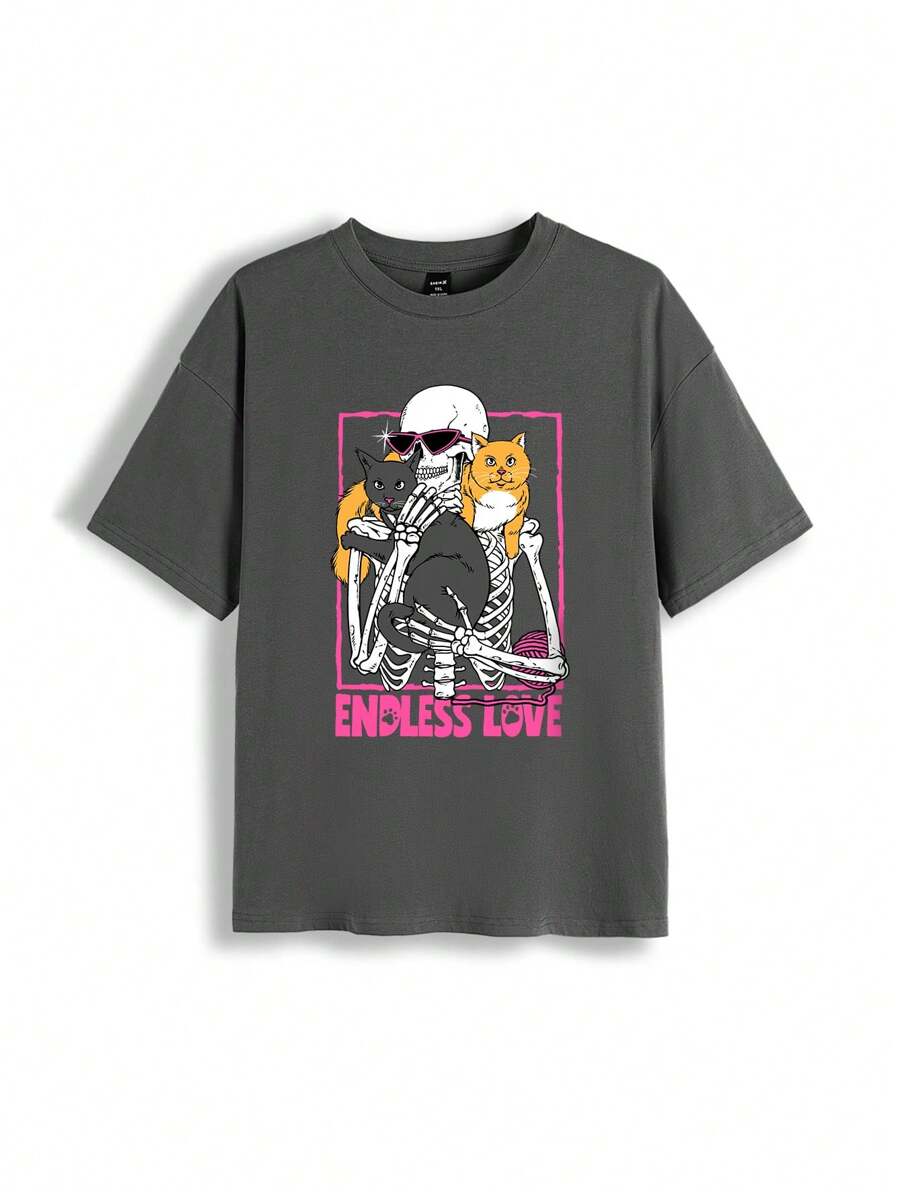 Eljasssss Artist Women's Plus Size Round Neck Loose Fit Skull & Letter Printed T-Shirt - Dark Grey - View 1