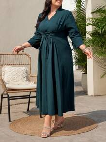 Mulvari Plus Size Notched Collar Tie Waist Dress With Front Slit