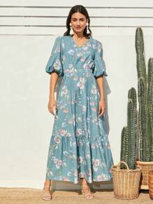 Mulvari Vestido Midi Con Estampado Floral Y Dobladillo Con Volantes Para Mujer - Celeste - Ver 7