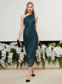 MOTF PREMIUM Vestido Plisado De Un Hombro - Azul - Ver 1