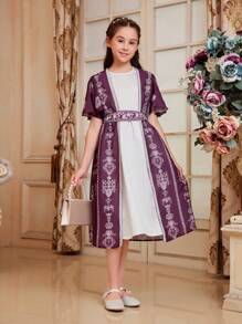 SHEIN Tween 女童纯色休闲背心裙和全印花开衫 - 彩色 - 查看 4