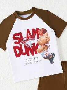 Young Boy Short Sleeve Bear & Letter Print Rash Guard Swimsuit - Multicolor - View 3