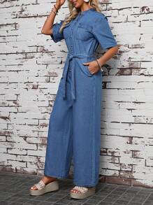 SHEIN LUNE Denim Wide Leg Jumpsuit With Front Button Closure - Blue - View 5