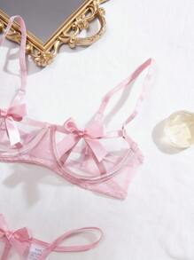 SHEIN Set de lencería con lazo delantero con abertura con aro - Rosa - Ver 3