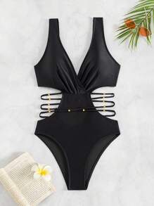 SHEIN Swim 女士纯色镂空连体泳衣，腰部镂空设计，适合夏季、海滩、游泳和度假