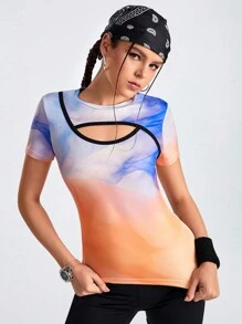 Streetz SHEIN Sport Color Block Tie-Dye Hollow Out Round Neck Sports T-Shirt - Khaki - View 1