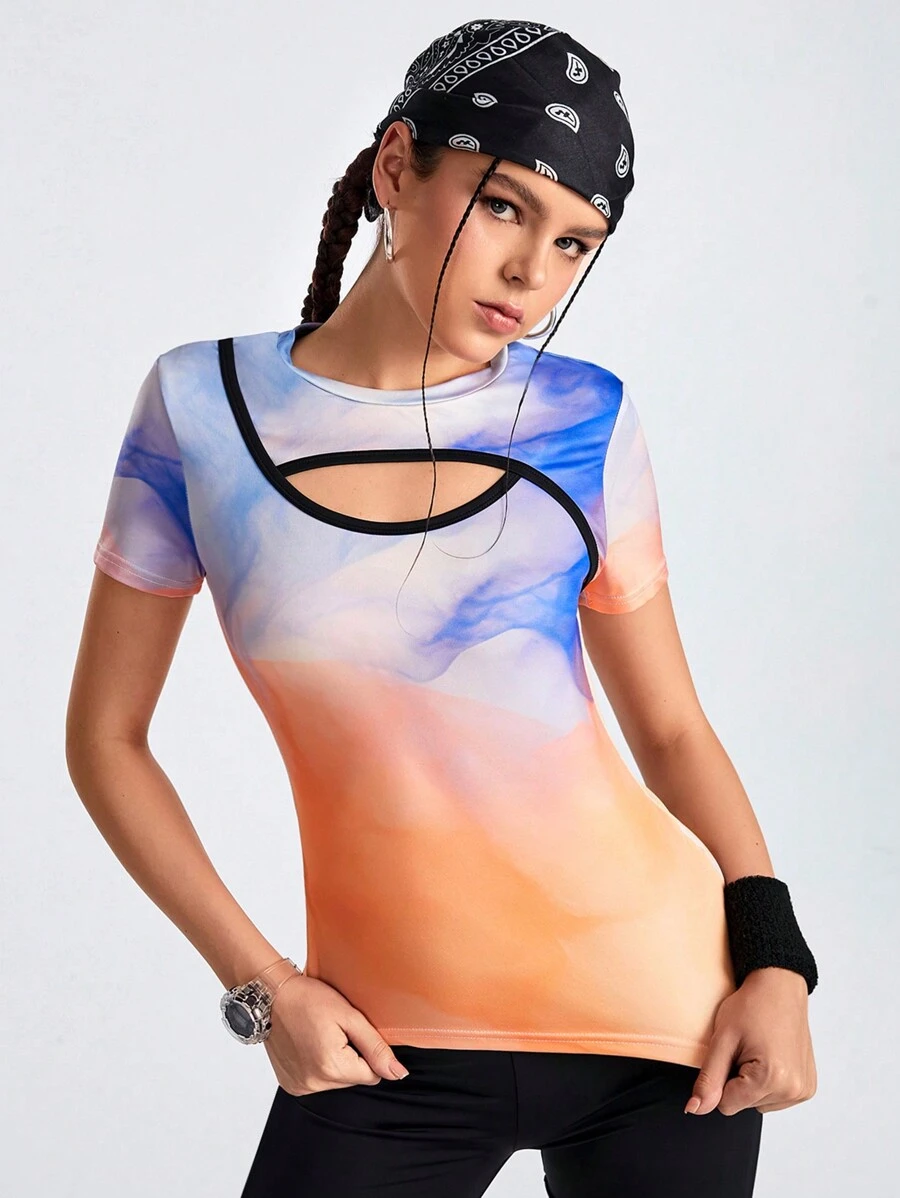 Streetz SHEIN Sport Color Block Tie-Dye Hollow Out Round Neck Sports T-Shirt - Khaki - View 1