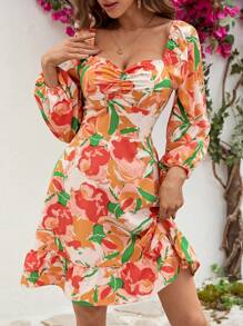 SHEIN VCAY Women's Floral Print Lantern Sleeve Dress With Sweetheart Neck - Multicolor - View 5