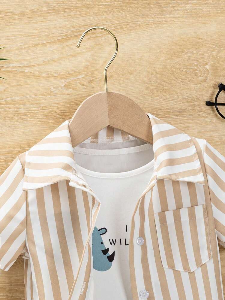 Baby Boy Casual Striped Short Sleeve Shirt & Comfortable Animal Print Short Sleeve T-Shirt & Denim Effect Shorts 3pcs/Set