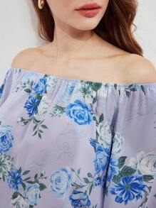 MOTF PREMIUM Blouse De Seda Con Estampado Floral De Manga De Linterna Y Con Hombros Descubiertos