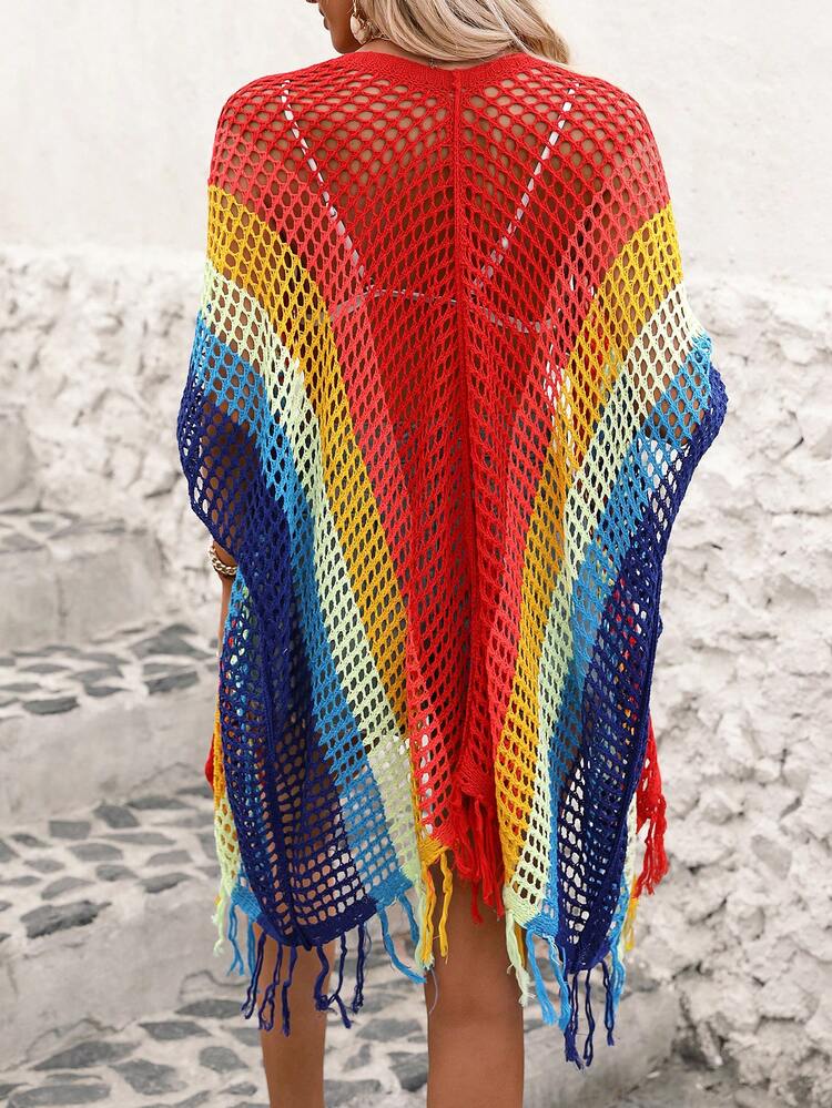 Color Block See-Through Knitted Fringe Hem Front Open Cardigan