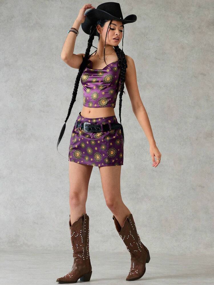 Women's Sun Face Print Halter Neck Vest And Skirt Set Cowgirl Outfit