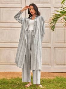 Seusyu 女士长款条纹衬衫和裤子两件套 2 件套