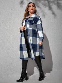 SHEIN EZwear 大码落肩长袖前开襟格子休闲宽松百搭外套 - 藍色 - 查看 3