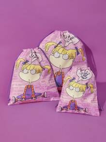 Nick 90s X SHEIN Pink Cartoon Girl Pattern Drawstring Storage Bag,Boho Vibes