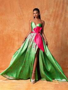Colorblock Bow Decor Bustier Waist Cut-Out Elegant Evening Gown Formal Prom Wedding Guest Dress, For Graduation, Dinner - Green - View 4