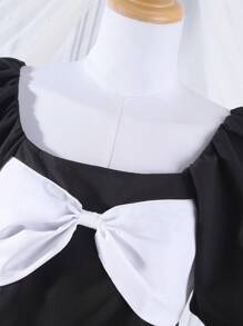 SHEIN Teen Girls' French Style Puff Sleeves Dress With Front Bow Decoration And Asymmetrical Hem For Summer - Black - View 3