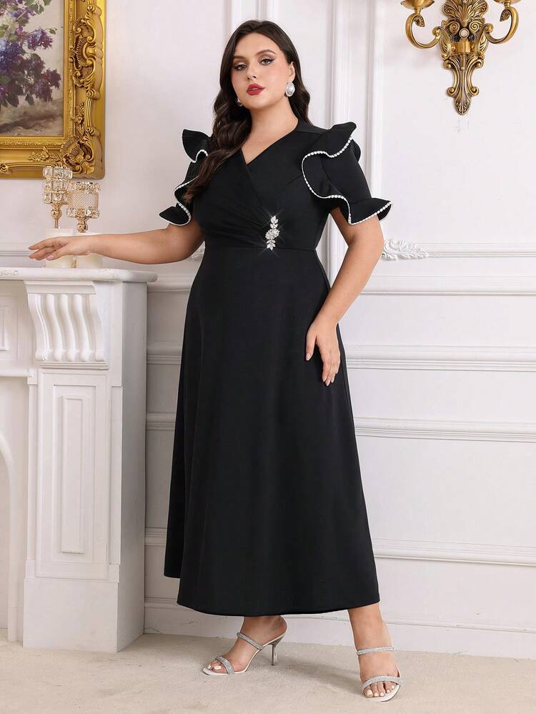 Plus Size Frill & Decorated V-Neck Dress