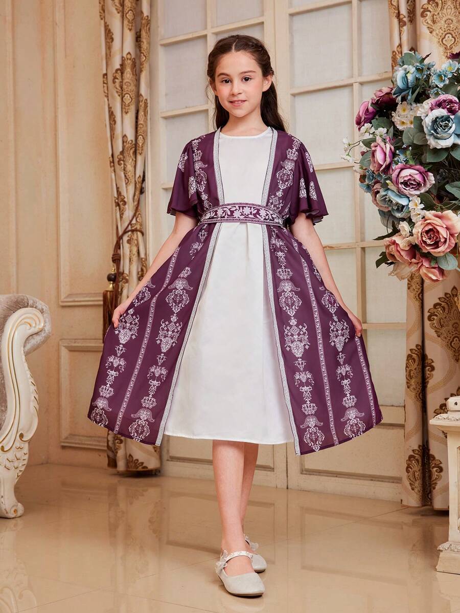 SHEIN Tween 女童纯色休闲背心裙和全印花开衫 - 彩色 - 查看 1