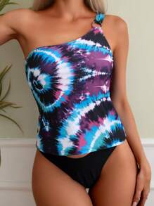 SHEIN Swim Women's One Shoulder Tie Dye Tankini Set, Vacation Swimwear Summer - Multicolor - View 3