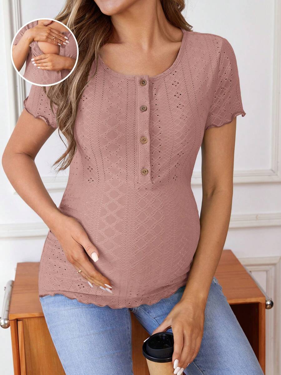 SHEIN 孕婦純色空心刺繡圓領哺乳T恤 - 藕粉色 - 查看 1