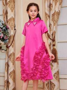 SHEIN Leap Crew 少女寬鬆、可愛、優雅、華麗的立領a字型中長裙 - 玫紅色 - 查看 7