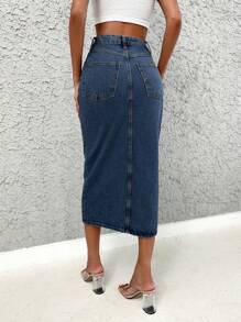 EURMUSE Women's Denim High Slit A-Line Skirt - Dark Wash - View 2