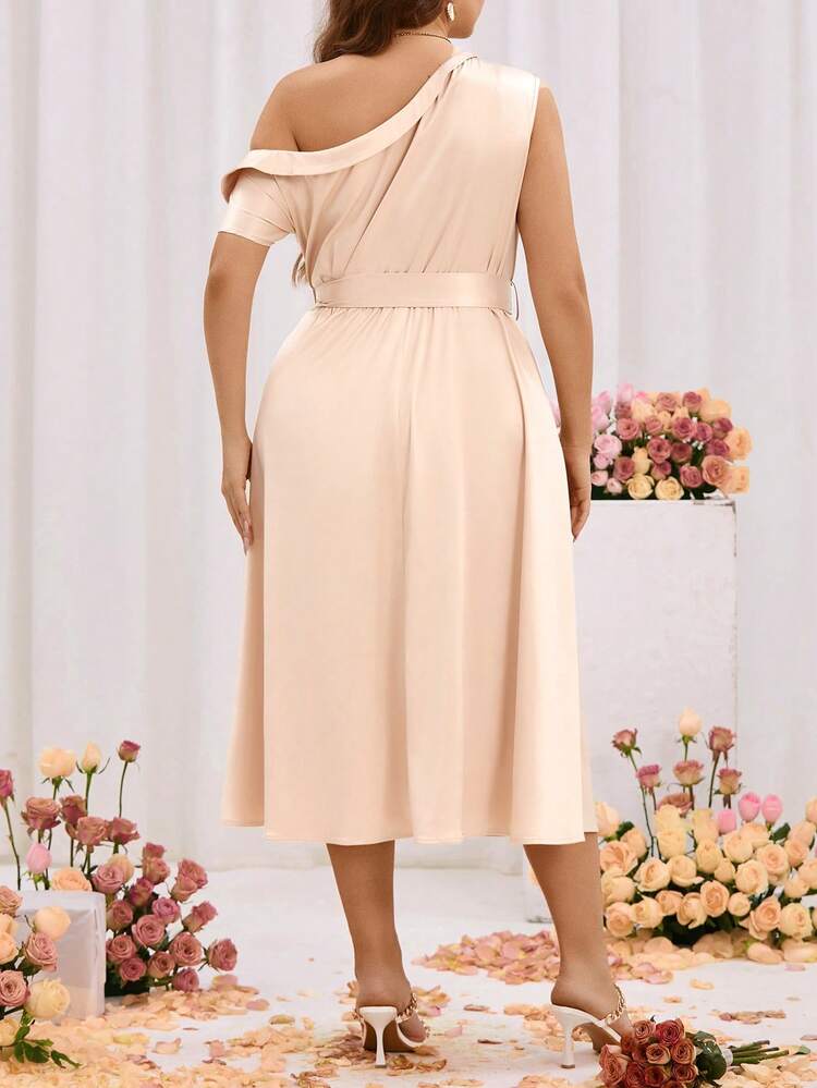 Plus Size Solid Color Asymmetrical Collar Split Hem Dress